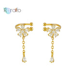 24K Gold/925 Silver CZ Flower Clip Earrings with Dangling Chain