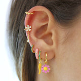 24K Gold/925 Silver CZ Flower Clip Earrings with Dangling Chain