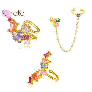 24K Rainbow Crystal Star Clip Earrings for Women, No Piercing Cuffs
