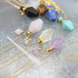 Gemstone Perfume Bottle Pendant Necklace, Crystal Rhombus Oil Diffuser Charms
