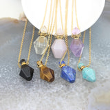 Gemstone Perfume Bottle Pendant Necklace, Crystal Rhombus Oil Diffuser Charms