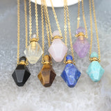 Gemstone Perfume Bottle Pendant Necklace, Crystal Rhombus Oil Diffuser Charms