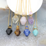 Gemstone Perfume Bottle Pendant Necklace, Crystal Rhombus Oil Diffuser Charms