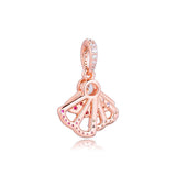 Rose Pink Fan Dangle Charms 925 Sterling Silver for Bracelet Beads