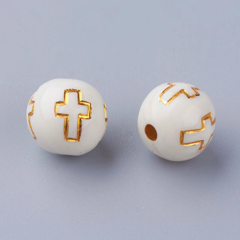 Golden Metal Enlaced Round Acrylic Beads with Cross 8mm 10mm
