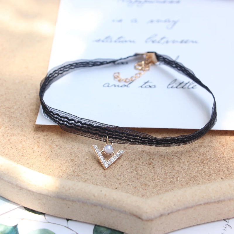 Playful Sweet Girl Neck Choker Lace Cloth Rhinestone Short Necklace