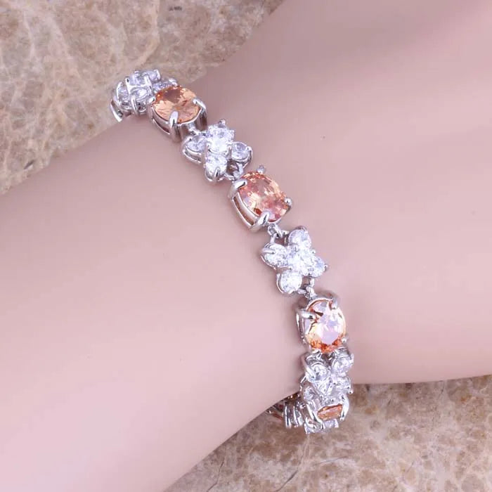 Champagne Morganite CZ Link Chain Bracelet 7 inch