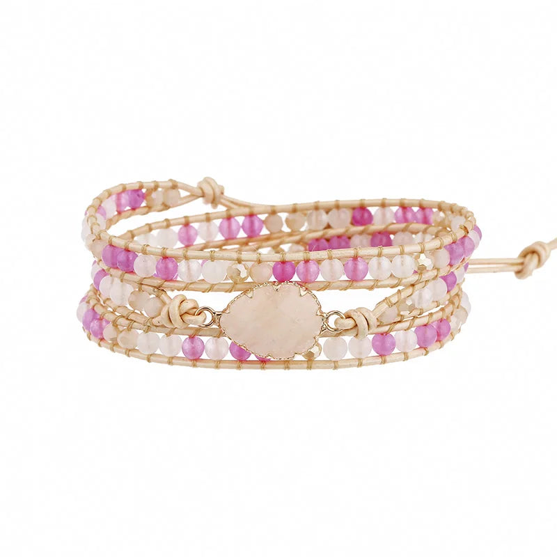 Pink Jaspers Wrap Bracelet Boho Jewelry Beaded Chain Bracelet