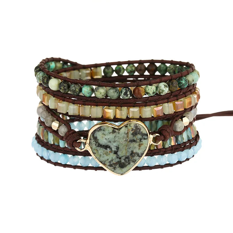 African Turquoise Heart Wrap Bracelet Hematite Beadwork