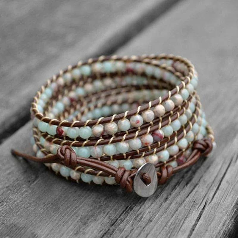 Agalmatolite Wrap Bracelet 5 Strand Leather Beaded Jewelry Women