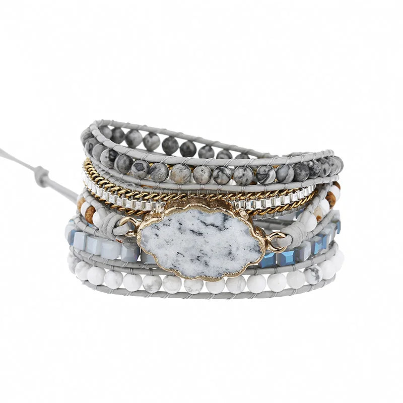Dalmatian Jaspers Wrap Bracelet Stainless Steel Chain Natural Stones