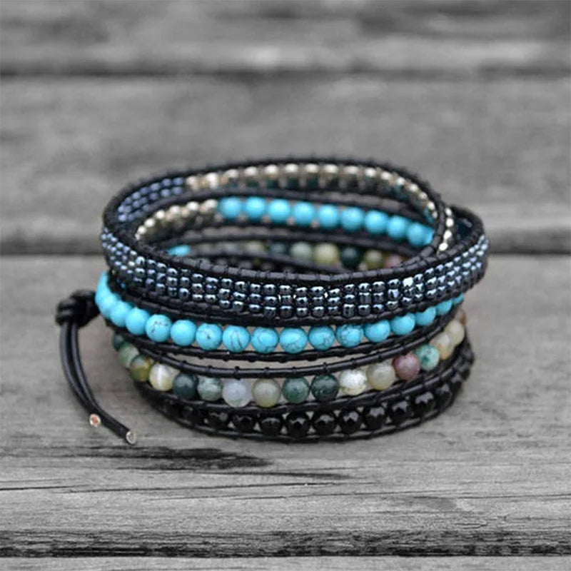 Beaded Wrap Bracelet for Women Ethnic Natural Stone Hematite 5Strands