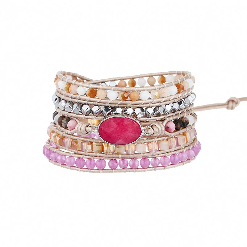 Red Jaspers Wrap Bracelet Amethyst Hematite Leather Boho Jewelry