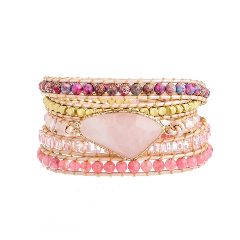 Rose Quartz Wrap Bracelet Strawberry Crystal Beaded Boho Jewelry Gift