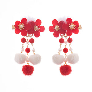 Red Floral Hair Clip Hairpin for Girls Chinese Hanfu Decor