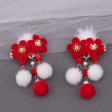 Red Floral Hair Clip Hairpin for Girls Chinese Hanfu Decor