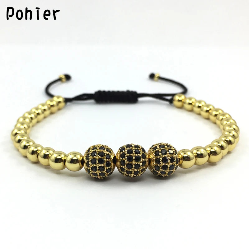 Pohier Men's Charm Bracelets with CZ Balls and Beads Macrame Jewelry