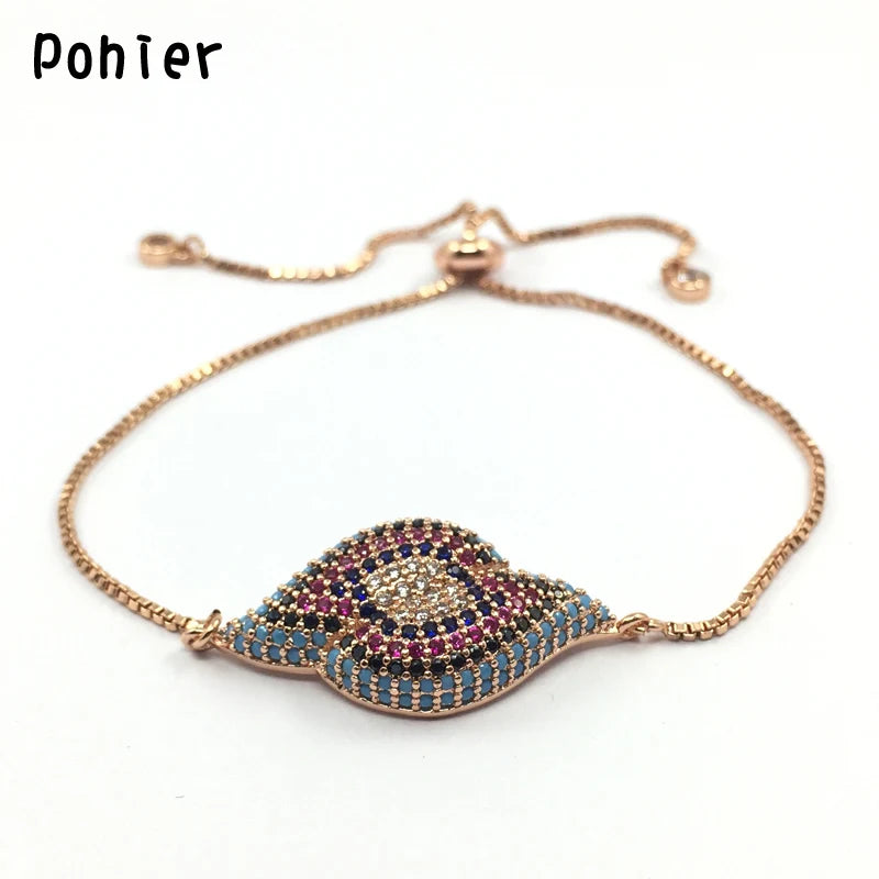 Pohier CZ Evil Eye Bracelet, Charms Micro Pave Chain for Women