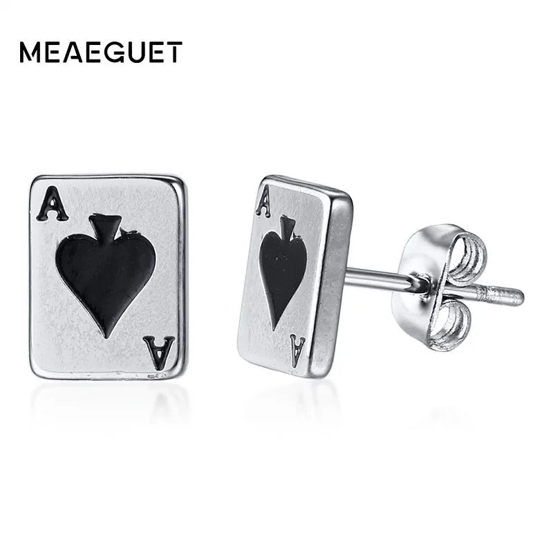 Poker Card Earrings Stud Stainless Steel Spade Playing Card Party Brincos