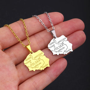 Poland Map Pendant Necklace Stainless Steel Female Choker Polish Jewelry