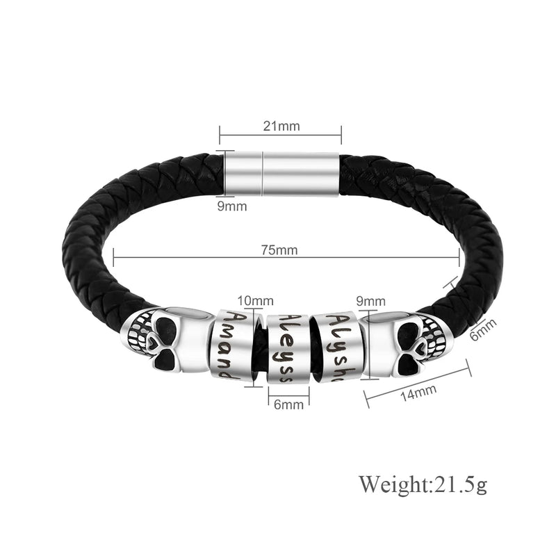 Men's Personalized Stainless Steel Leather Bracelet With Skull Beads