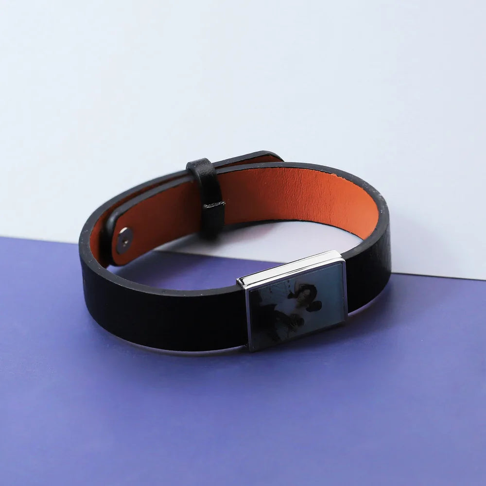 Personalized Leather Bracelet with Family Photo Stainless Steel Tag