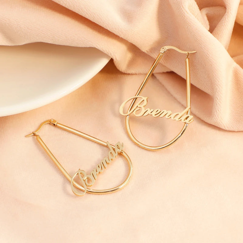 Irregular Square Name Earrings U Heart Shape for Women