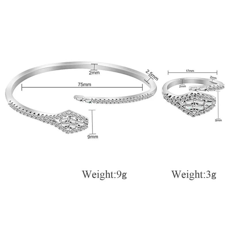 Geometric Rhombic Crystal Bracelet Rings Set Adjustable Jewelry Women