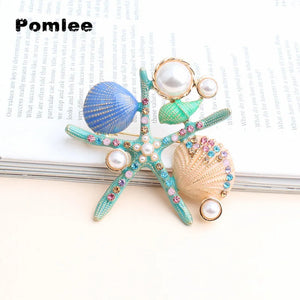 Enamel Sea Star Coral Starfish Brooches Women PearlAnimal