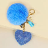 Heart Rhinestone Keychain Pompom Bag Keyring
