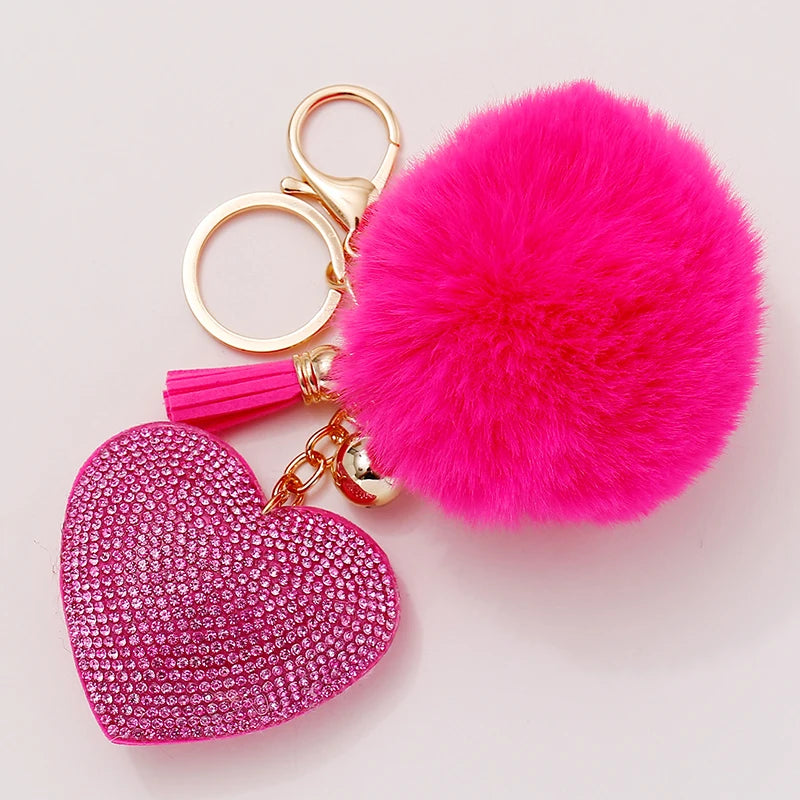 Heart Rhinestone Keychain Pompom Bag Keyring