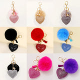 Heart Rhinestone Keychain Pompom Bag Keyring