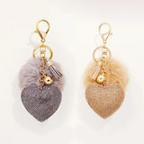 Heart Rhinestone Keychain Pompom Bag Keyring