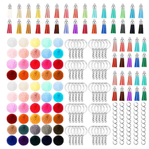 Pompoms Keychain Set - 50 Fur Pom Poms Balls, 50 Tassels, 50 Key Rings