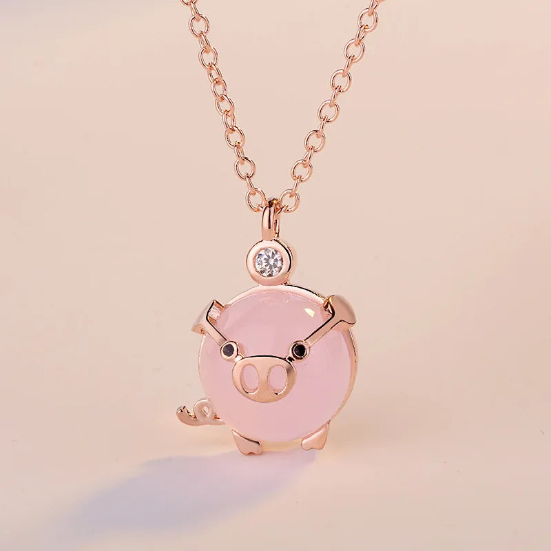 925 Silver Pink Crystal Pig Dangle Pendant Charm Jewelry for Her