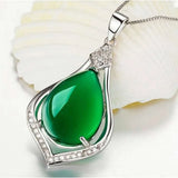 925 Silver Water Drop Green Jade Pendant Necklace Chalcedony Charm