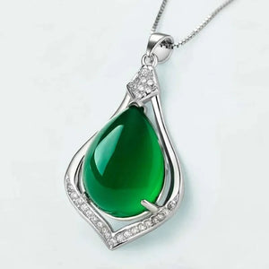 925 Silver Water Drop Green Jade Pendant Necklace Chalcedony Charm