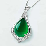 925 Silver Water Drop Green Jade Pendant Necklace Chalcedony Charm