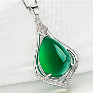 925 Silver Water Drop Green Jade Pendant Necklace Chalcedony Charm