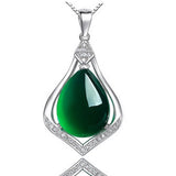 925 Silver Water Drop Green Jade Pendant Necklace Chalcedony Charm