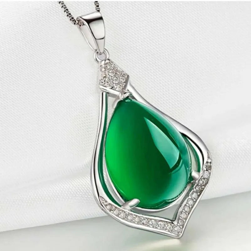 925 Silver Water Drop Green Jade Pendant Necklace Chalcedony Charm
