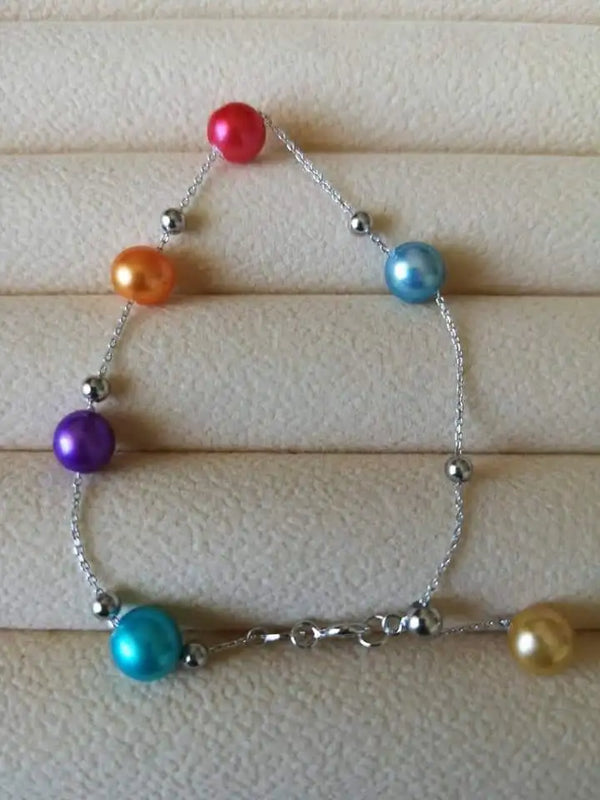 925 Silver Bracelet with Random Colored Pearls Chain Bracelet