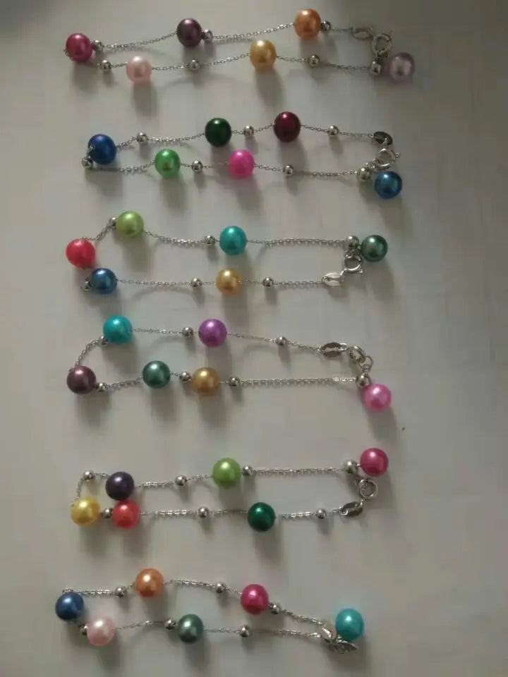 925 Silver Bracelet with Random Colored Pearls Chain Bracelet