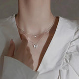 925 Silver Double Layer Butterfly Necklace Zirconia Insect Pendant