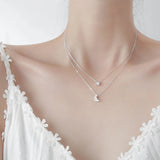 925 Silver Double Layer Necklace Star Moon Pendant Chain Wedding Gift