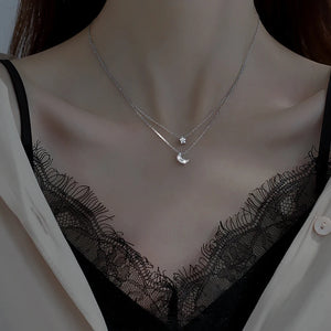 925 Silver Double Layer Necklace Star Moon Pendant Chain Wedding Gift