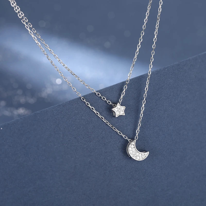 925 Silver Double Layer Necklace Star Moon Pendant Chain Wedding Gift