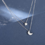 925 Silver Double Layer Necklace Star Moon Pendant Chain Wedding Gift