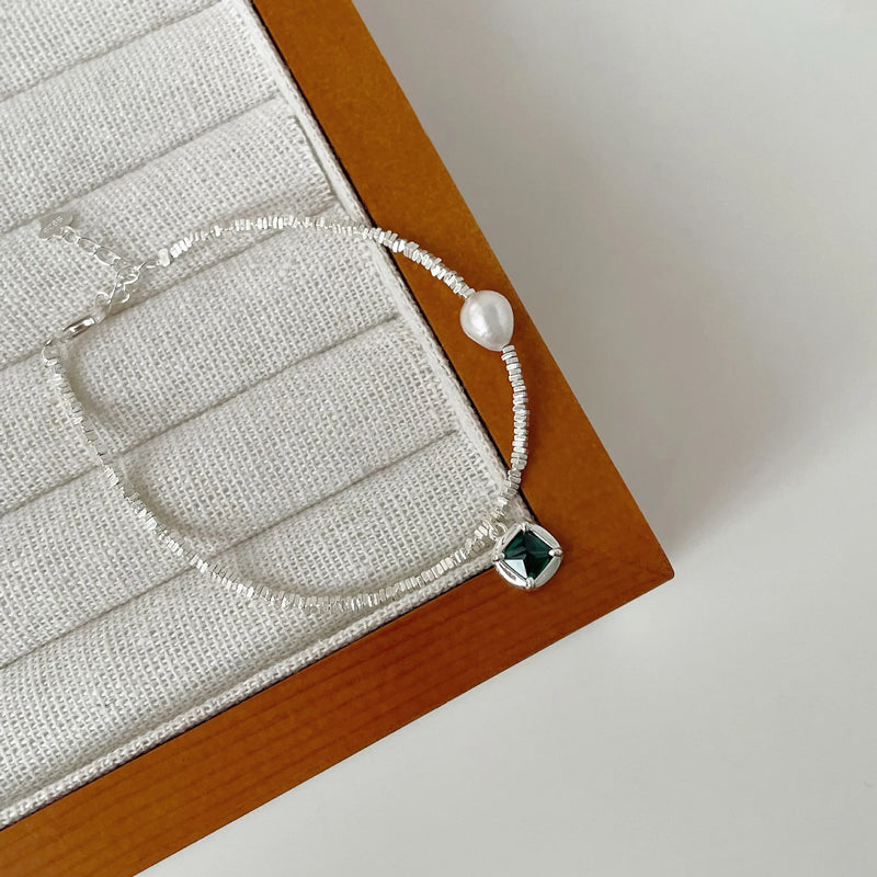925 Silver Green Pendant Pearl Choker Necklace for Women