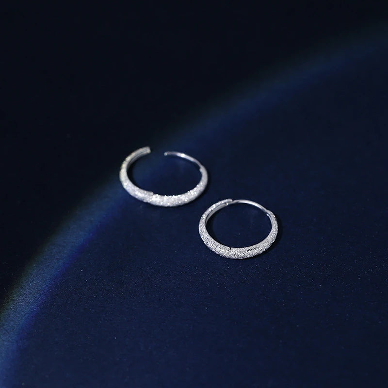 925 Silver Circle Hoop Earrings Sparkling Frosted Women's Jewelry